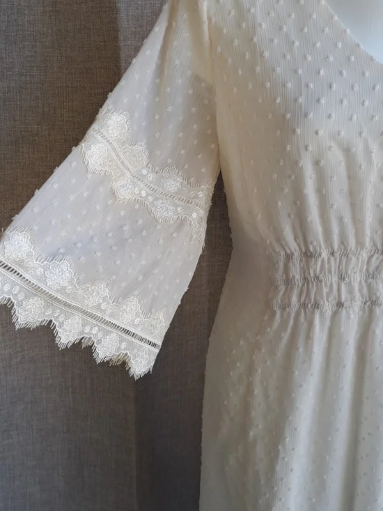 Polagram Ivory Swiss Dot Modest Midi Dress Lace Sleeves V-Neck Size L - Picture 2 of 16